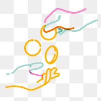 Png hands with coins doodle line art, transparent background