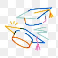 Png graduation hats doodle line art, transparent background