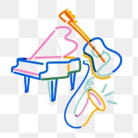 Png music instruments doodle line art, transparent background