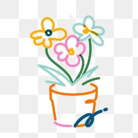 Png potted flower doodle line art, transparent background