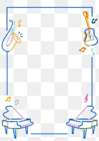 Png blue music doodle line art frame, transparent background