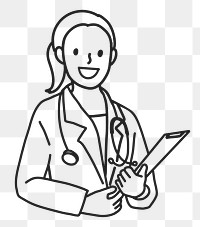 PNG Happy female doctor with stethoscope medical report line art sticker, transparent background