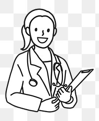 PNG Happy female doctor with stethoscope medical report line art sticker, transparent background