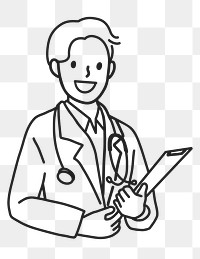 PNG Happy male doctor with stethoscope medical report line art sticker, transparent background