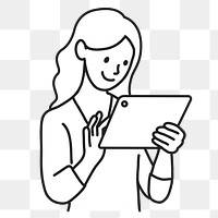 PNG Woman using digital tablet flat line sticker, transparent background