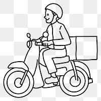 PNG Delivery man on motorcycle line drawing sticker, transparent background