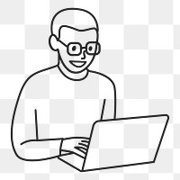 PNG African man using laptop computer line art sticker, transparent background