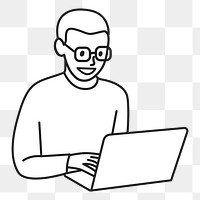 PNG African man using laptop computer line drawing sticker, transparent background