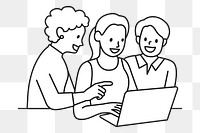 PNG Diverse colleagues work on computer notebook brainstorming line art sticker, transparent background