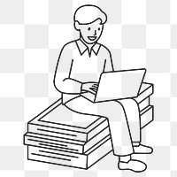 PNG Man employee working on laptop in relaxing workspace line art sticker, transparent background