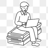 PNG Man employee working on laptop in relaxing workspace line drawing sticker, transparent background