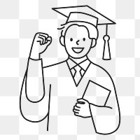 PNG Male graduate student in graduation gown holding diploma line drawing sticker, transparent background