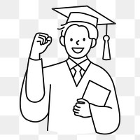 PNG Male graduate student in graduation gown holding diploma flat line sticker, transparent background