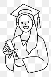 PNG Female graduate student in graduation gown holding diploma line art sticker, transparent background