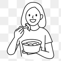 PNG Young woman eating delivery food flat line sticker, transparent background