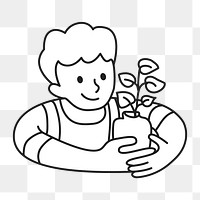 PNG Kid holding plant line drawing sticker, transparent background
