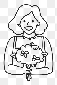 PNG Woman with flower bouquet flat line sticker, transparent background