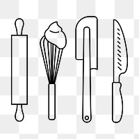 Bakery tools png line art, transparent background