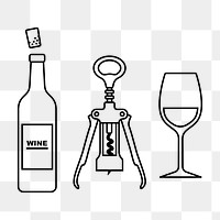 Wine set png line art, transparent background