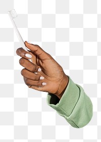 Png black woman holding toothbrush, transparent background