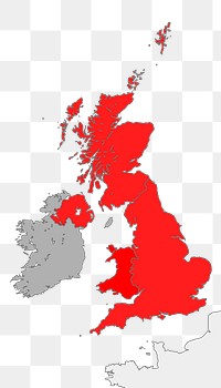 Png Map showing the territory of the United Kingdom in the context of the islands of Great Britain and Ireland collage element, transparent background