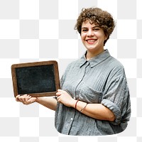 Woman holding sign png, transparent background