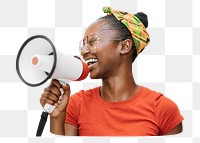 Woman holding megaphone png, transparent background