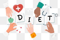 Diet png diverse hands, health & wellness remix, transparent background