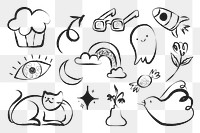 Png cute line art doodle illustration set, transparent background