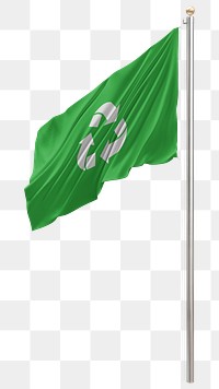 Png Green recycling flag on pole, transparent background