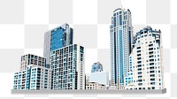 Png skyscrapers modern city, transparent background