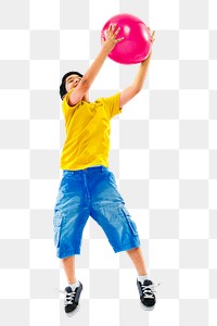 Png boy catching pink balloon, transparent background