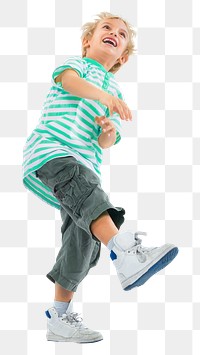 Png blonde joyful boy kicking, transparent background