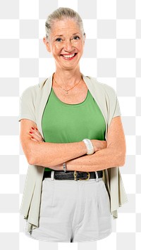 Png old woman smiling cross armed, transparent background