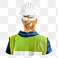 Png white hard hat on construction worker, transparent background