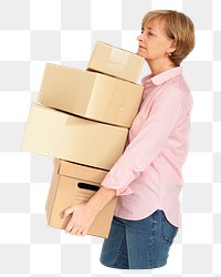 Png old woman holding cardboard boxes, transparent background