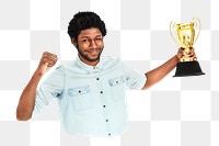 PNG African man won prize trophy, collage element, transparent background.