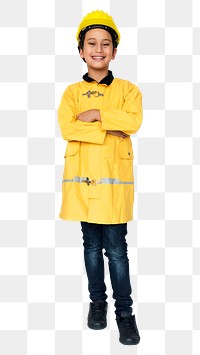 Png child in yellow firefighter costume, transparent background