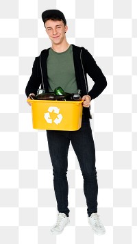 Png teen boy holding recycled glasses, transparent background