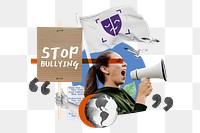 Stop bullying words png, woman protesting remix, transparent background