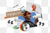 Equality word png, woman protesting collage art, transparent background