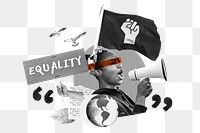 Equality word png, woman protesting collage art, transparent background