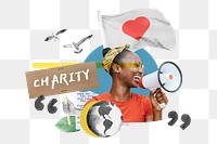 Charity word png, volunteer woman holding megaphone remix, transparent background