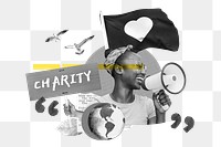 Charity word png, volunteer woman holding megaphone remix, transparent background