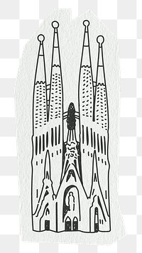 PNG Sagrada Familia building, Barcelona famous location, line art illustration, transparent background