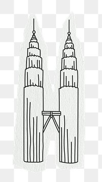 PNG Petronas Twin Towers, famous location in Malaysia, line art illustration, transparent background