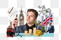 PNG UK investment, money finance collage, transparent background