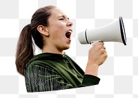 Png feminist shouting into megaphone, transparent background