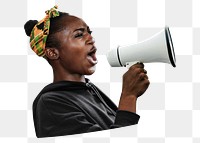 Png black woman shouting into megaphone, transparent background