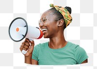 Png happy black woman with megaphone, transparent background